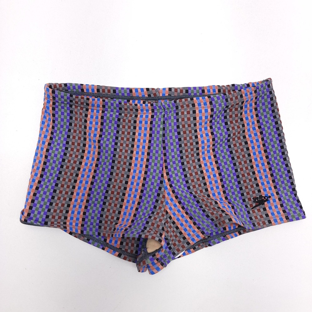 Vintage Speedo Mens Swim Trunks Checkered Geometric Square Cut Multicolor Size M